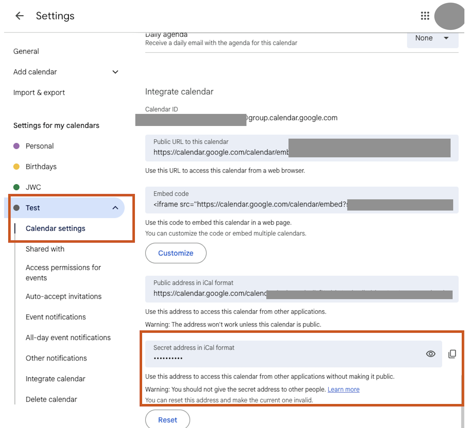 Google Calendar showing Secret address in iCal format highlighted